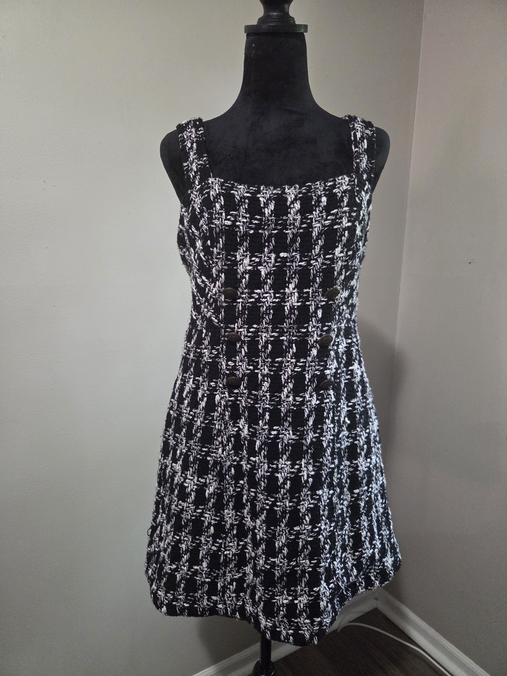 Anthropologie Black and White Tweed Square-Neck Mini Dress